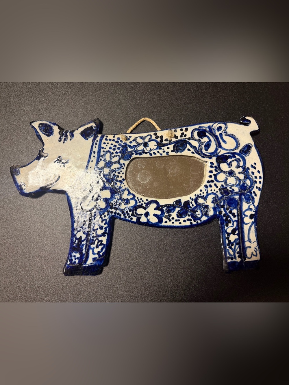 Hand-Painted Blue and White Decorative Pig Wall Mirror - Picture 4 of 4